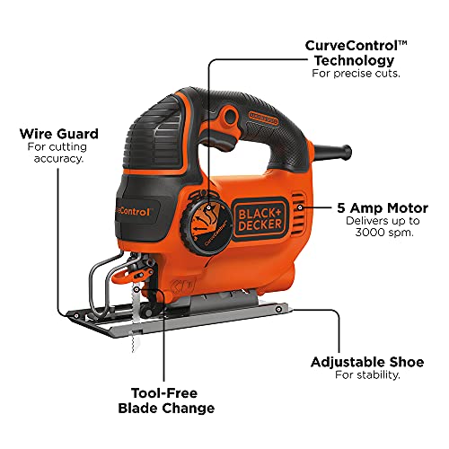 BLACK+DECKER Jig Saw, 5-Amp, 3,000 Blade Speed, 45 Degree Beveled Cuts, ¾-Inch Orbital Blade, 4 Curve Settings, Corded (BDEJS600C) BLACK+DECKER