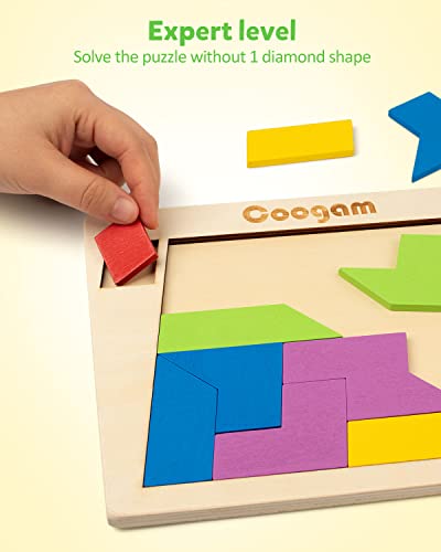 Coogam Wooden Puzzle Blocks Geometric Tangram Brain Teasers Jigsaw 3D Logic IQ Game Colorful Shape Pattern Montessori STEM Educational Toys Gift 60 Coogam