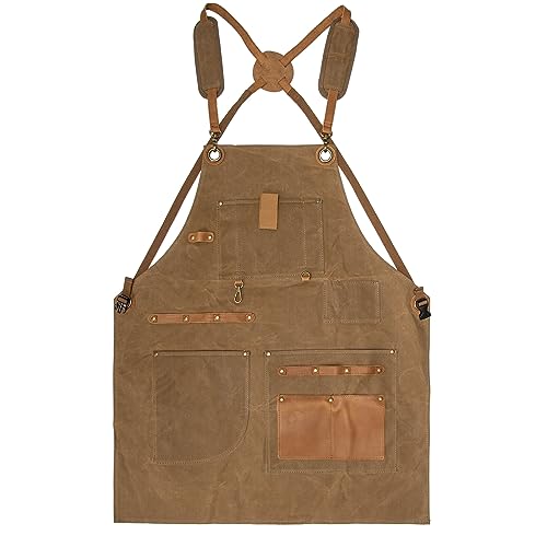 Work Apron with Tool Pockets - Heavy Duty Shop Apron for Woodworkers, Mechanics, Blacksmiths, Carpenters - M-XXL (Brown) Hamks