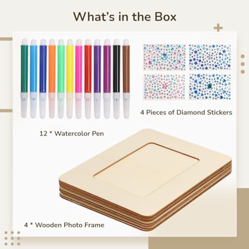 20PCS Picture Frame Painting Craft Kit,DIY Wooden Photo Frames,8.8 x 6.7inch 4 Sheets Unfinished Frames with 12 Pcs Watercolor Pens and 4Pcs Diamond Homaisson