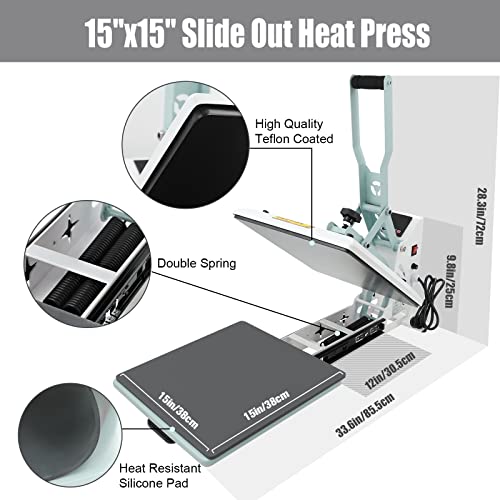 BetterSub Heat Press 15x15 inch Digital Heat Press Machine, Slide Out Industrial Quality T-Shirt Heat Transfer Machine Teal BetterSub
