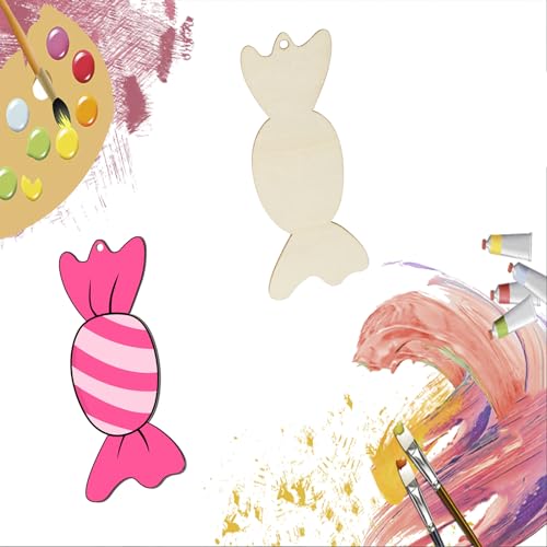 Wooden Candy Shape Unfinished Wood Candy Pieces Blank Wood Pieces Wooden with Twines Art Ornaments for Christmas Wedding Birthday Party Thanksgiving Zontween