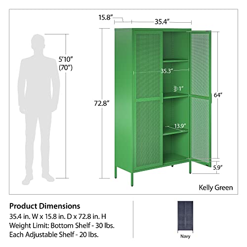 Novogratz Channing Tall 2 Door Storage Cabinet-Mesh Metal Locker, Kelly Green Novogratz