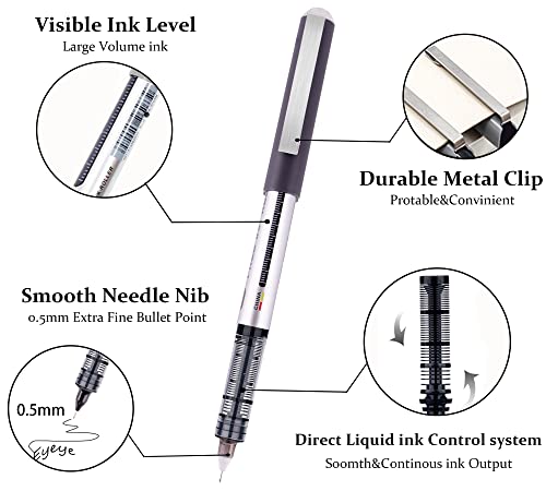 EYEYE 0.5mm Extra Fine Tip Pens Rollerball Black Pens Fine Point, Liquid Ink Roller Ball Pens Black Ink Rollering Ball Point pens, Black Free Ink EYEYE