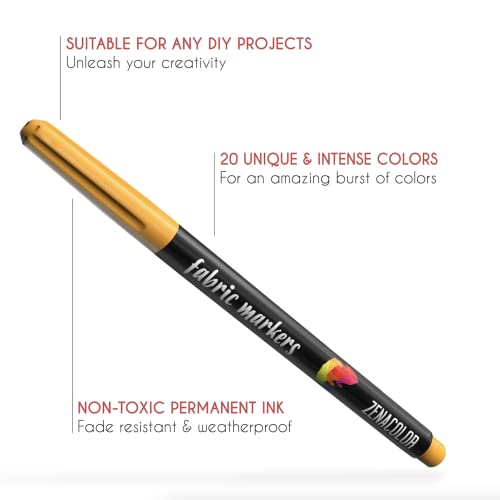 Zenacolor 20 Fabric Markers Pens Set - Non Toxic, Indelible and Permanent Fabric Paint Fine Point Textile Marker Pens Zenacolor