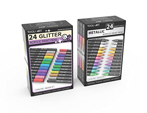 TOOLI-ART 48 Set Glitter and Metallic Acrylic Paint Pen Bundle for Rock Painting, Glass, Mugs, Wood, Metal, Canvas, Fabric, Illustration, Bullet TOOLI-ART