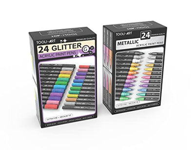 TOOLI-ART 48 Set Glitter and Metallic Acrylic Paint Pen Bundle for Rock Painting, Glass, Mugs, Wood, Metal, Canvas, Fabric, Illustration, Bullet