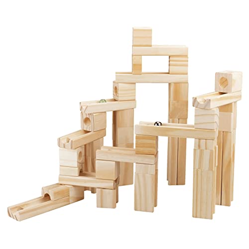 Wooden Marble Run for Kids Ages 4-8, 60 Pieces Wood Building Blocks Toys and Construction Play Set, Marble Track Maze Game STEM Learning Toys Gifts Onshine
