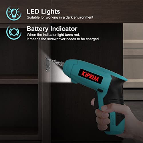 Small 4V Electric Screwdriver,Kiprim ES3 Cordless Screwdriver Tool with Rechargeable Battery,LED Front Light & Power Display Light for Home DIY Blue Kiprim