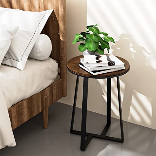 Dorriss Round End Tables, Small Side Table Walnut Color MDF Top,Metal Frame Black, Tall End Table for Bed Room,Coffee Tea End Table for Living Dorriss