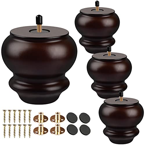 TCHOSUZ 3 inch / 8cm Wooden Furniture Legs, Pack of 4 Classic Walnut Solid Wood Turned DIY Replacement Bun Feet with M8 Hanger Bolts & T-Nuts for TCHOSUZ