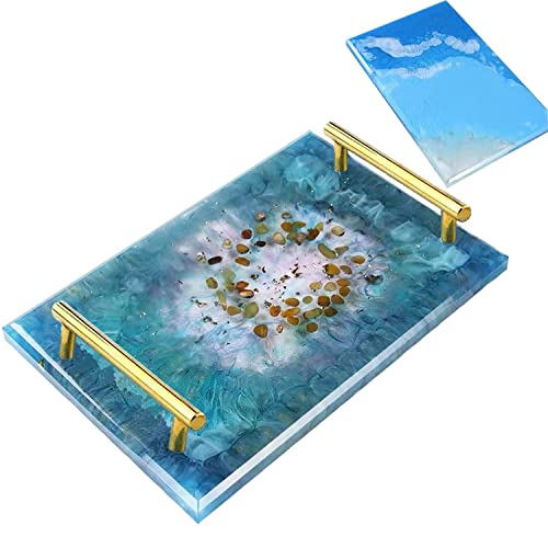 DSHE Silicone Mold Tray Geode 1pcs Agate Platter Molds and 2pcs Gold Handles, Epoxy Resin Casting Molds for Making Faux Agate Tray,Serving Board DSHE