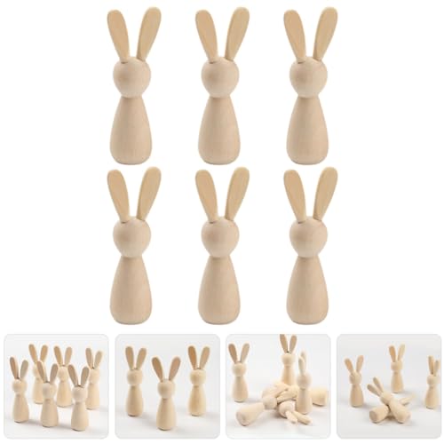 VOSAREA 6pcs Unfinished Wooden Bunny DIY Blank Wood Rabbit Peg Dolls Natural Wooden Bunny Figures for Party DIY Painting Decorations VOSAREA