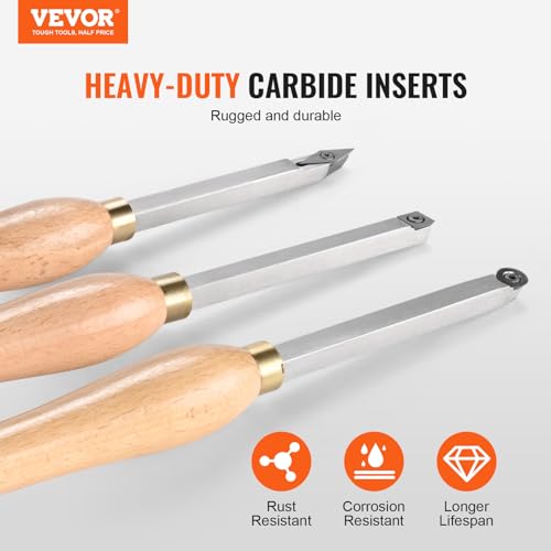 VEVOR Wood Lathe Chisel Set, 3 PCS Woodworking Turning Tools, Includes Square, Round, Diamond Carbide Blades, 7.87" Comfortable Grip Handles, Wood VEVOR