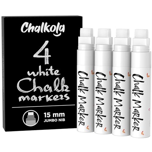 White Jumbo Chalk Markers - 15mm Window Markers | Pack of 4 White Pens - Use on Cars, Chalkboard, Whiteboard, Blackboard, Glass, Bistro | Loved by Chalkola