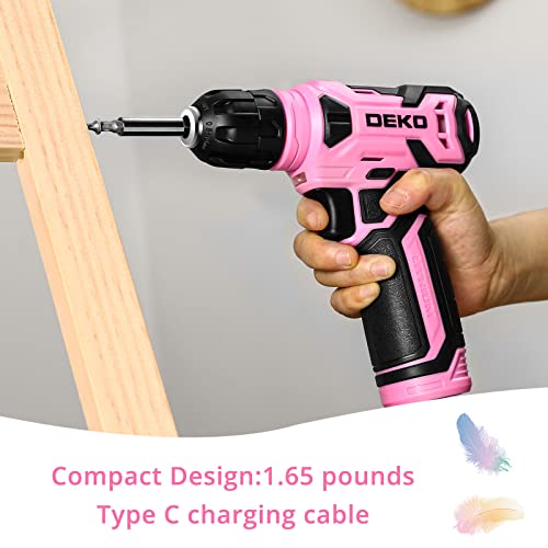 DEKO 8V Cordless Drill, Drill Set with 3/8"Keyless Chuck, 42pcs Acessories, Built-in LED, Type-C Charge Cable, Pink Power Drill for Drilling and DEKOPRO