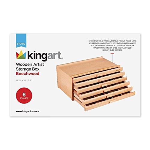 KINGART 723N Wood 6-Drawer Artist SUPPLY STORAGE BOX, 15-3/4” W x 10” D x 6-1/2” H, Natural Finish, Storage for Art Materials including Paint Tubes, KINGART