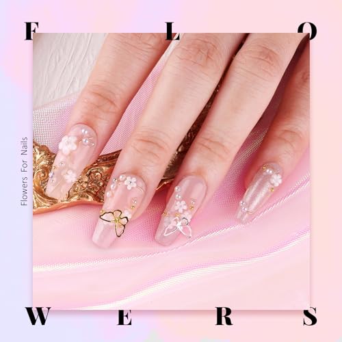 3D Nail Charms, Manicure Kit with Nail Rhinestone Glue Gel (UV Curing), Butterfly White Pink Flower Starry AB Gems Caviar Beads Half Round Pearl & BELLEBOOST