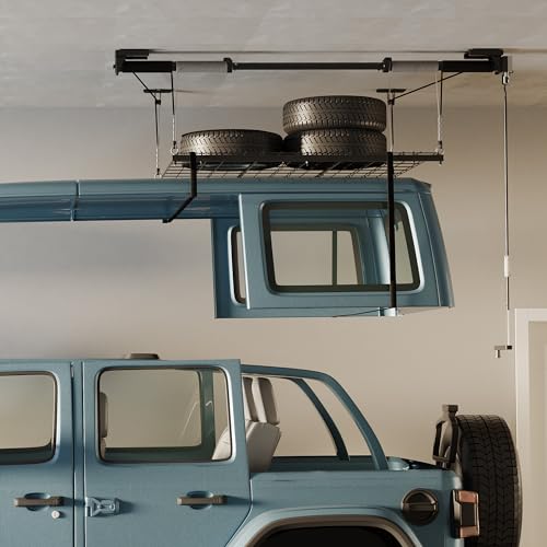 FLEXIMOUNTS GL1 Overhead Garage Lifting Storage Rack, 4x4 Ft Heavy-Duty Metal Garage Ceiling Rack, Adjustable Organization System, 300lbs Weight, FLEXIMOUNTS
