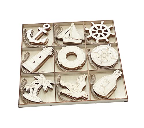 45 Pack Unfinished Nautical Wood Cutouts for Crafts, Wooden Anchor,Sailboat,Ship Wheel,Compass for DIY Project 3.5 Inch 5 Peices Each Cregugua
