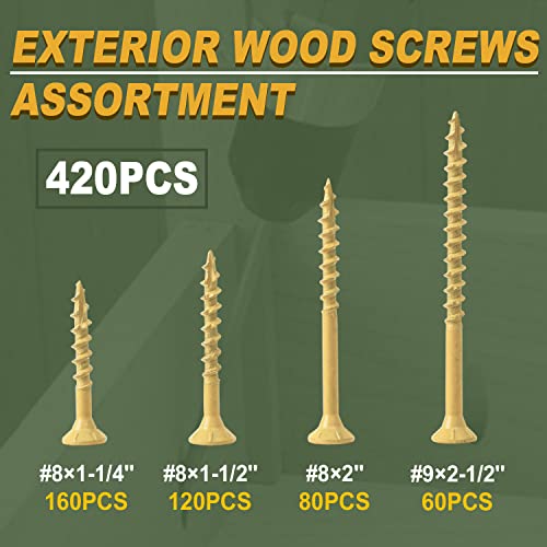 LIONMAX Wood Screws Assortment Kits 4Size 420PCS, Deck Screws 1-1/4", 1-1/2", 2", 2-1/2", Star Drive Screws with Coarse Thread, Tan Coated for LIONMAX
