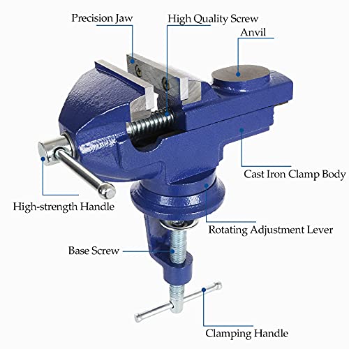 ABuff Universal Table Vise 2-1/2 Inch, Blue 360° Swivel Vise with Table Clamp&Jaw Covers, Heavy Duty Repair Tools Table Vise, Durable Vice for ABuff