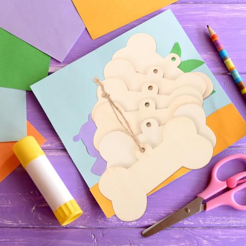 Cabilock Bone Shaped Wooden Cutouts, Mini Dog Bone 24pcs DIY Dog Bone Ornament Dog House Door Signs Unfinished Wood Hanging Bone with Jute Twine Cabilock