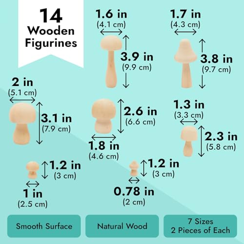 Mini Wooden Mushrooms to Paint, Unfinished Wood Figurines for Craft Ornament (7 Sizes, 14 Pack) Bright Creations