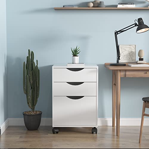 QDSSDECO 3 Drawer Mobile File Cabinet, Rolling Vertical Filing Cabinet fits A4, Legal Paper and Letter Paper for Home Office, White QDSSDECO