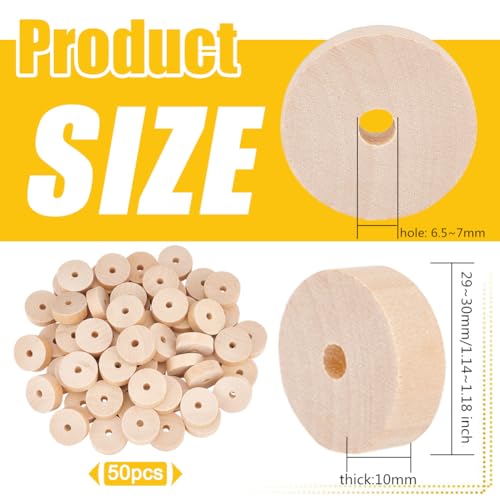 OLYCRAFT 60pcs Unfinished Wood Wheels 1.2 Inch Diameter Blank Wood Slices 6.5~7mm Hole Round Wheel Wooden Pieces Unfinished Blank Slices Natural Wood OLYCRAFT