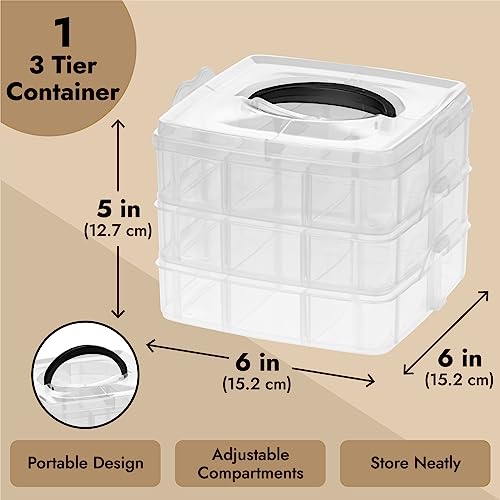 Juvale 3 Tier Stackable Storage Containers with Adjustable Compartments for Beads, Sewing Accessories, Arts and Crafts Supplies (6 x 6 x 5 In) Juvale