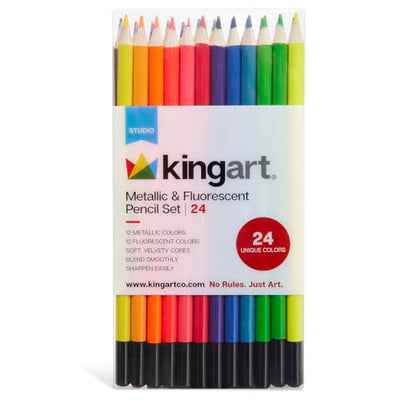 KINGART 312-24 Metallic & Fluorescent Artist Quality 24 Ct. Colored Pencil Set, 24 Unique Colors, Pre-Sharpened for Sketching & Drawing Paper,