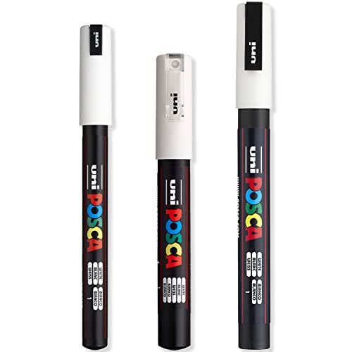 Posca - Ultra Fine to Fine Paint Marker Pens Set - PC-1MR, PC-1M, PC-3M - White Ink - Pack of 3 posca