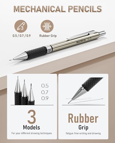 Nicpro 35PCS Art Mechanical Pencils Set, 3 PCS Metal Drafting Pencil 0.5 mm & 0.7 mm & 0.9 mm & 3 PCS 2mm Lead Holder (6B 4B 2B HB 2H 4H Colors) For Nicpro