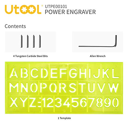 UTOOL Engraver Pen with Letter/Number Stencil, 24W Handheld Etching Tool for Wood Metal Glass Engraving with 4 Replaceable Tungsten Carbide Steel UTOOL