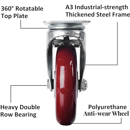 Finnhomy 5 Inch Casters Wheels Set of 4 Heavy Duty Plate Swivel Locking Casters for Furniture/Workbench Premium Industrial Wheels 3000 Lbs Anti-wear Finnhomy
