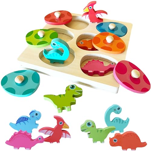 Montessori Mama Wooden Baby Dinosaur Toddler Puzzle - Dual Layered Match & Cover Educational Toys for Toddlers 1-3 Enhancing Cognitive Skills & Montessori Mama