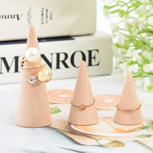 Luckforest Natural Wood Cones, 10Pcs 3 Different Sizes Wood Cone Rings Holder Jewelry Display Stand Vertical Shaped Unpainted Wooden Cones for Girls Luckforest