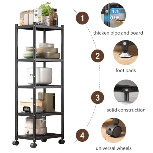 PXRACK 5-Tier Kitchen Storage Shelves, Adjustable Metal Shelves for Storage Pantry Shelves with Rolling Wheels, Storage Rack Shelving Unit Organizer PXRACK
