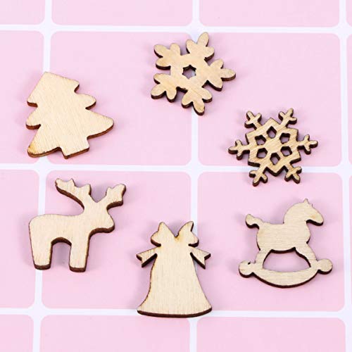 SEWACC 300PCS Mini Christmas Wooden Cutouts Unfinished Wood Christmas Ornaments Snowflake Tree Bell Deer Embellishments Hanging Wooden Pendant Slices SEWACC