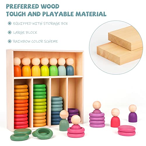 Montessori Toys Wooden Color Sorting Stacking Rings Toy Rainbow Wooden Peg Dolls Counting Toys Circular Building Blocks Stacking Game Preschool Agirlgle