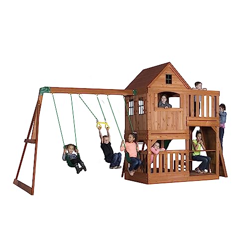 Backyard Discovery Hillcrest All Cedar Wooden Swing Set, Upper Covered Fort, Lower Playhouse, Picnic Area, Sandbox, Step Ladder, 10 ft Wave Slide, Backyard Discovery