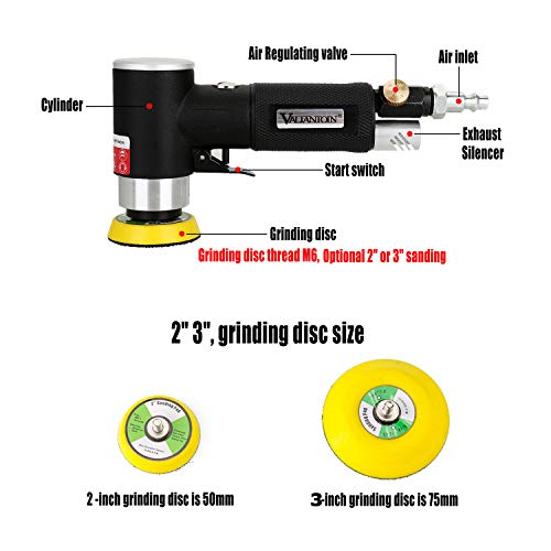 Valianto 2" 3" Mini Air Sander, Pneumatic Sander Random Orbital Eccentric Dual Action Polisher with M6 Thread Plate (2" and 3"),- Adjustable Airflow Valianto