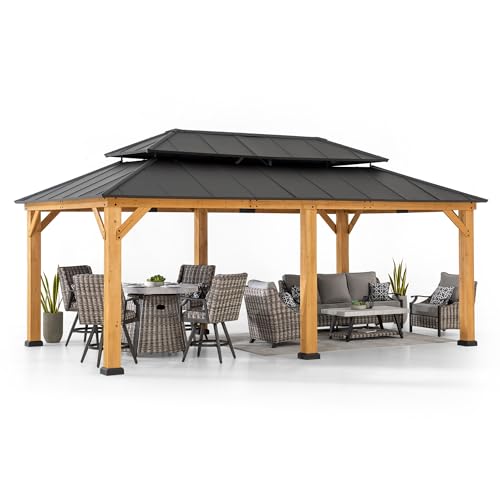 Sunjoy 12 x 20 ft. Wood Gazebo, Outdoor Patio Steel Hardtop Gazebo, Cedar Framed Wooden Gazebo with 2-Tier Metal Roof, Suitable for Patios, Lawn and Sunjoy