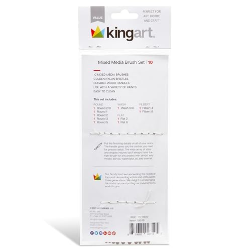 KINGART 250-10 Acrylic Art Paint Brush Set, 10 Round & Flat Brown Nylon Short Handle Brushes for Acrylic, Oil, and Watercolor, Rock Painting, Face KINGART