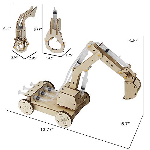 3D Wooden Construction Excavator Vehicle Toys Set, STEM Science Kit with Air Pressure System to Build A Wood Excavator Model Including 3 Replaceable Mini Tudou