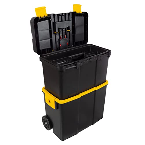 Portable Tool Box with Wheels - Stackable 2-in-1 Tool Chest with Fold-Down Comfort Handles, Tough Latches, and Removable Storage Trays by Stalwart Stalwart