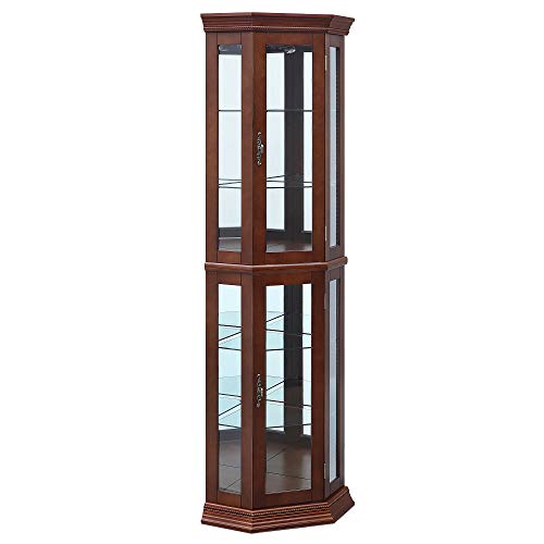 BELLEZE Lighted Wooden Corner Display Curio Cabinet, Two Section Shelving Unit with Tempered Glass Door, Bar and Liquor Storage Area with 6 Shelves - BELLEZE