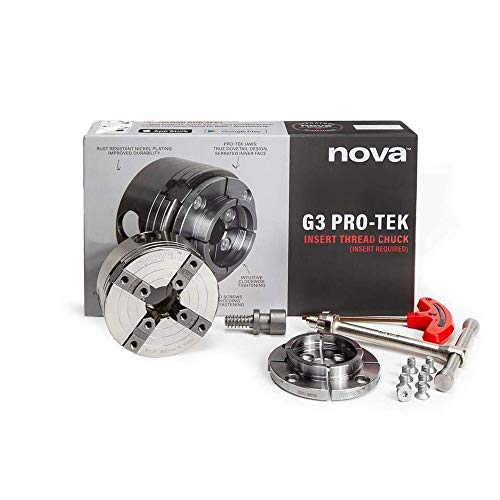 NOVA 48290 PRO-TEK G3 Insert Type Wood Turning Nickel Plated Chuck and Laser Etched Precise Jaw Set with T Bar Wrench and 6 Point Star Fasteners Nova