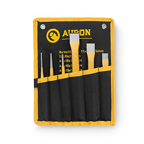 Acrux7 6 Pcs Cold Chisel Set - Flat Chisel, Center Chisel, Cylindrical Chisel, with Canvas Bag, Cone Chisel for Brickwork, Concrete, Metal, Stone Acrux7